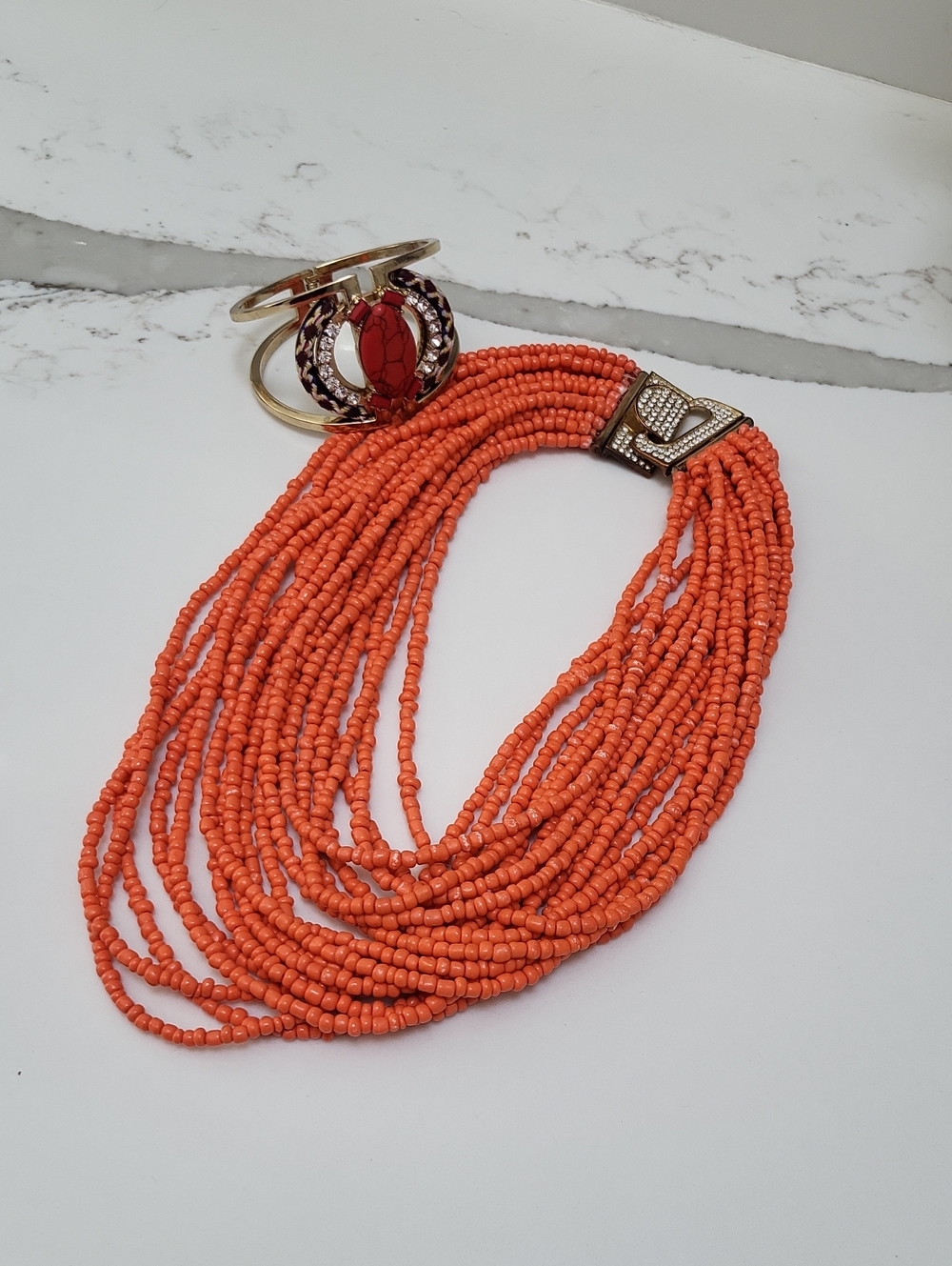 Gold-Tone Orange Multi-Strand Beaded Necklace and Cuff Bracelet